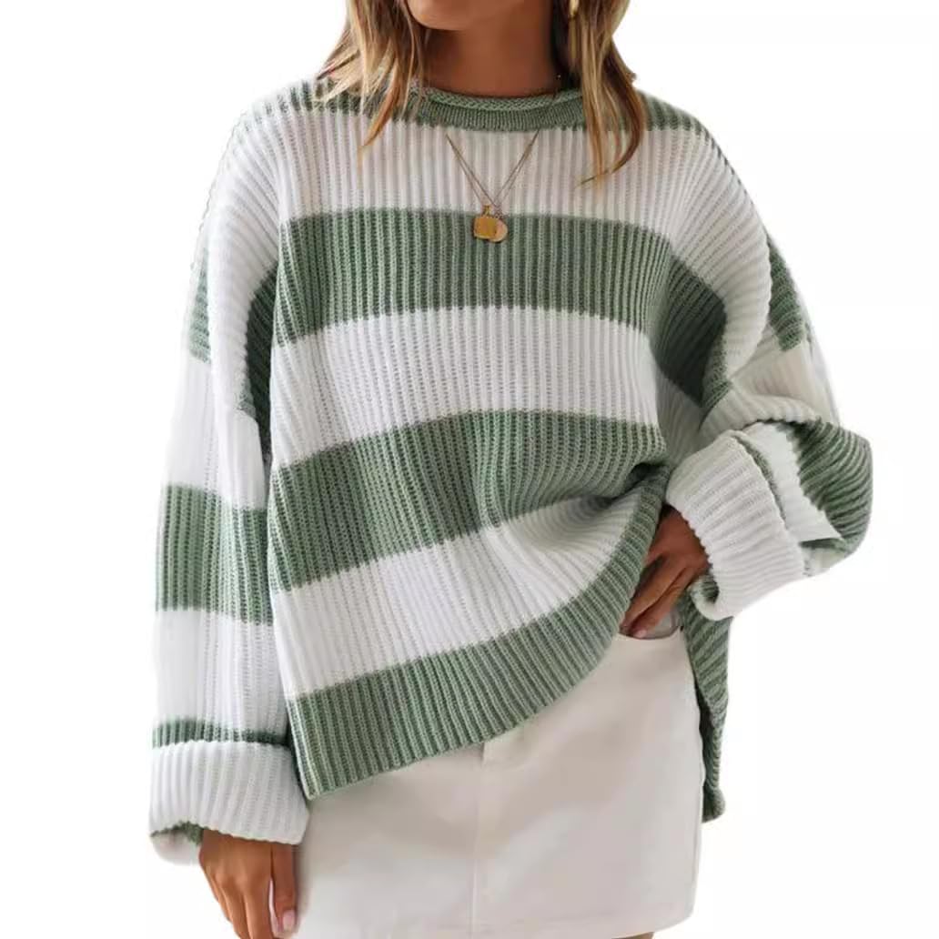 Stripes Sweaters for Women Loose Fit Crew Neck Pullover Casual Long Sleeve Sweater Cozy Tops Fall Clothes