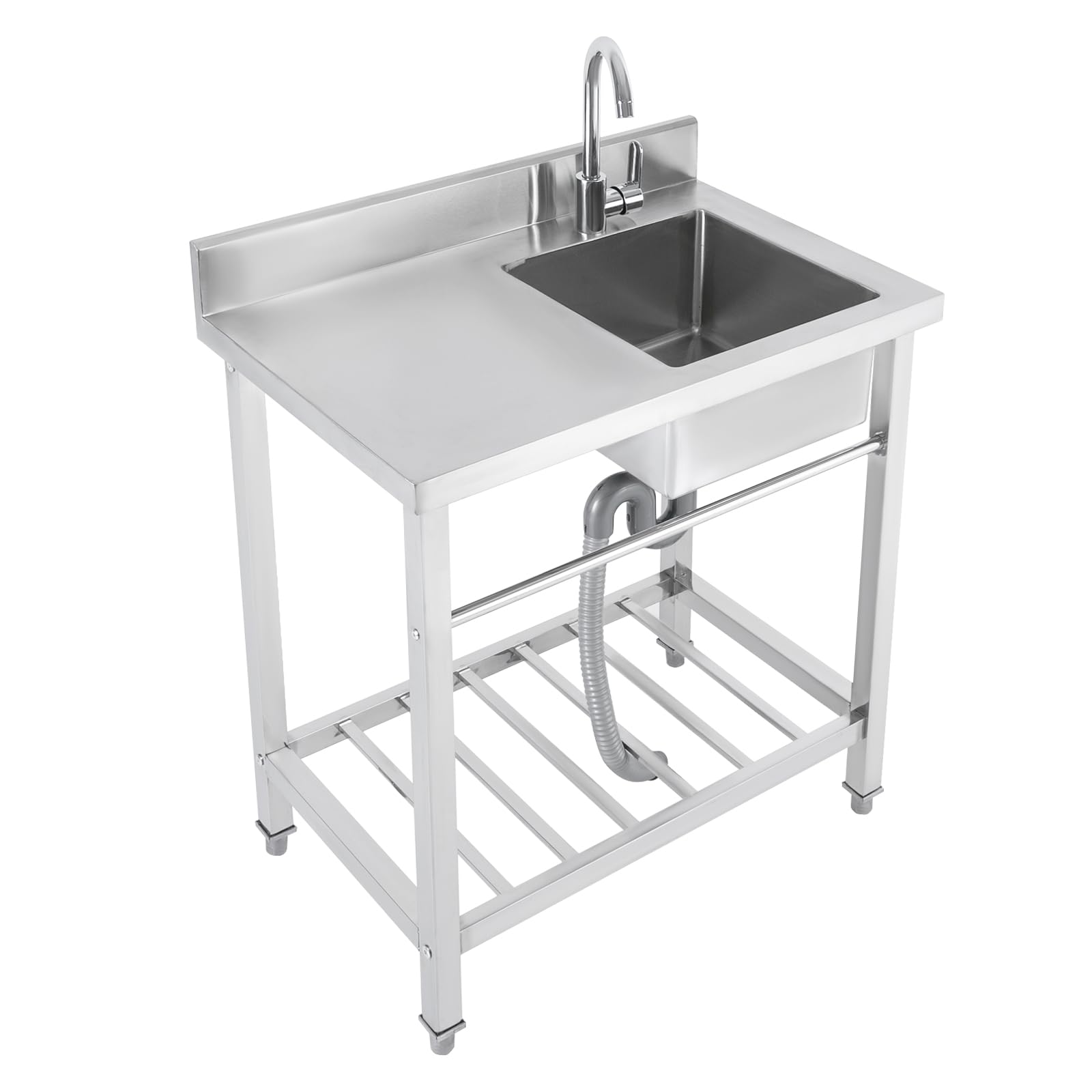 Edelstahl Spültisch Freistehende Spüle mit Unterschrank, Commercial 80x55x84cm Outdoor Camping Spüle mit Armatur, Küchenspüle mit Plattform Tragfähigkeit 100KG, 1 Becken