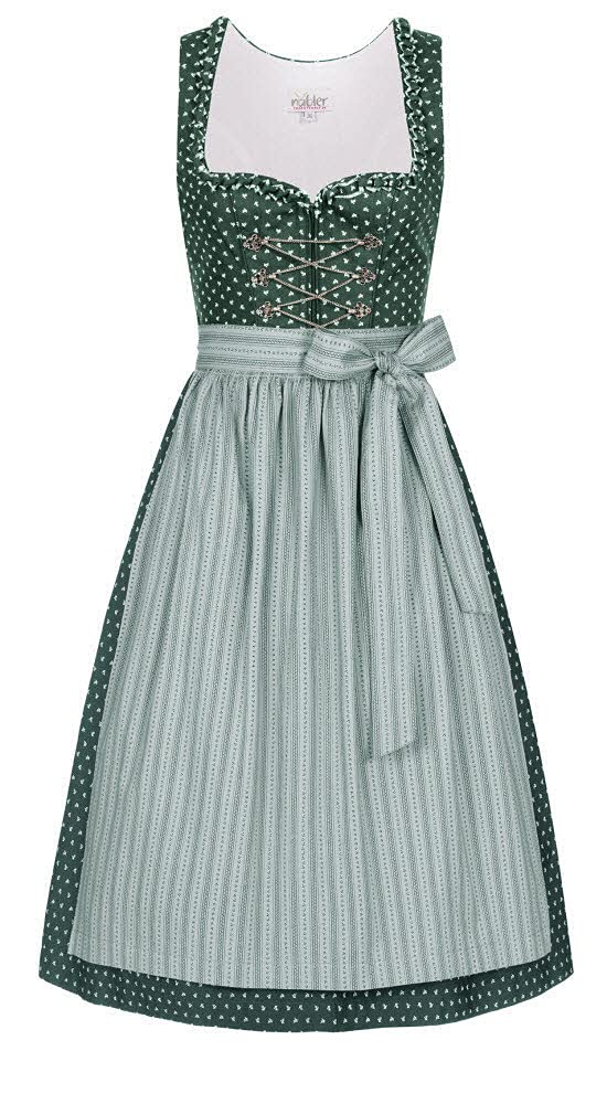 Nübler Dirndl Midi Damen THEA - 2-teiliges Set inkl. Kleid und Dirndlschürze im Landhausstil - Rocklänge 70cm, Elegantes Design in Grün - Moderne bayrische Tracht 52 Grü