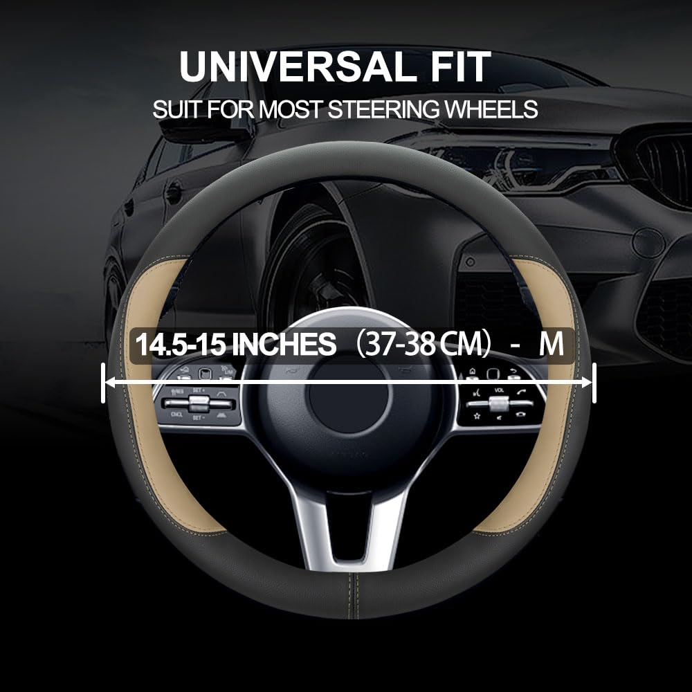 Car Steering Wheel Cover,Microfiber Leather Steering Wheel Cover Universal 14.5-15 inch, Anti-Slip Breathable Auto Wheel Cover Protector for Men Women (Black&Beige)