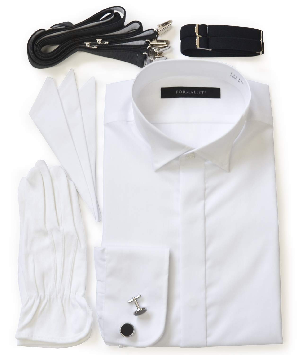 TUXEDO STATION 6-PIECE WING COLLAR SHIRT ACCESSORY SET SINGLE CUFFS SQUARE (COTTON THREE-PEAKS) BLACK CUFFLINKS SUSPENDERS ARMBAND GLOVES