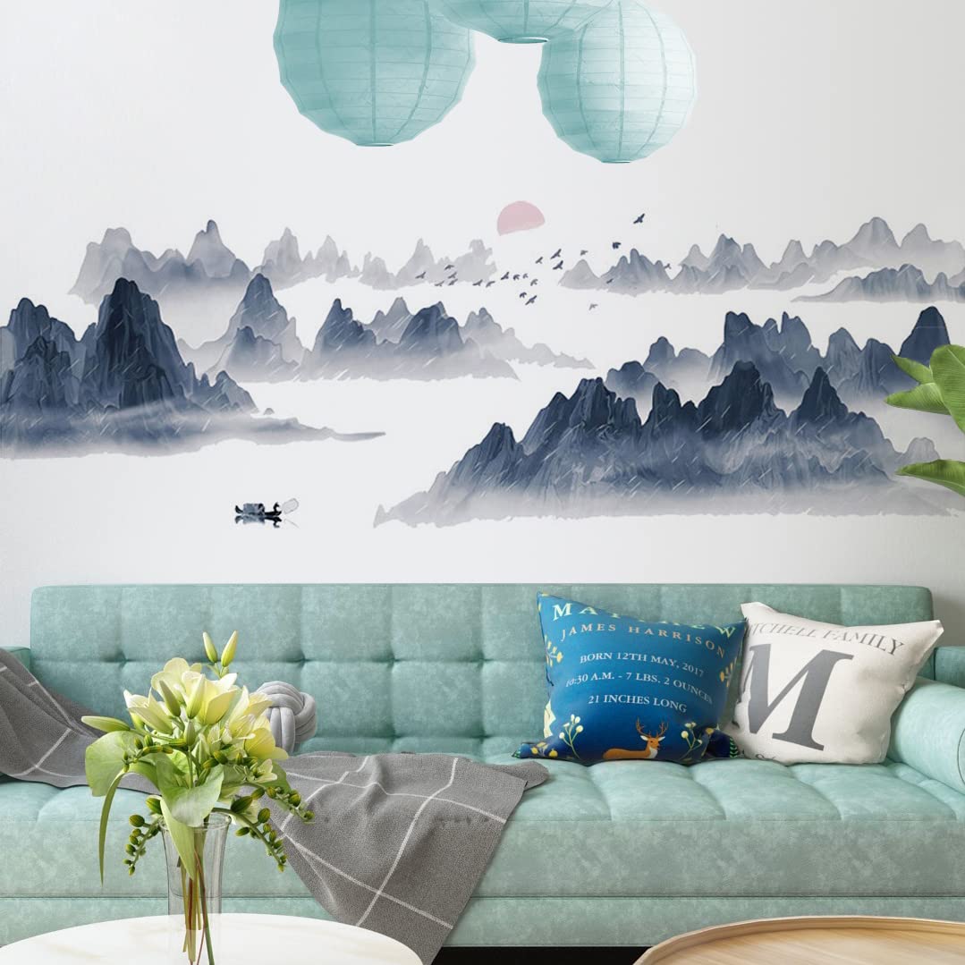 RW-081 Ink Painting Mountain Wall Decals Abstract Landscape Wall Stickers Chinese Style Splash Ink Watercolor Sunset Mountains Wall Art Decor for Bedroom Living Room Office TV Background Decoration
