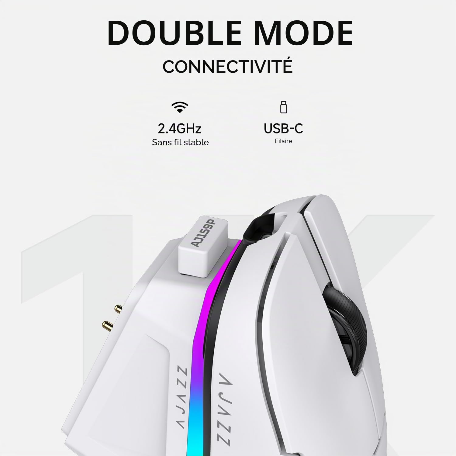AJAZZ AJ159P Wireless Gaming Mouse, Equipped with PAW3395 Sensor, 26K DPI Support, 56 Gram Ultralight Design, 2.4G/USB-C, 400 mAh Battery, RGB Backlighting, Compatible with PC and Mac Systems, White