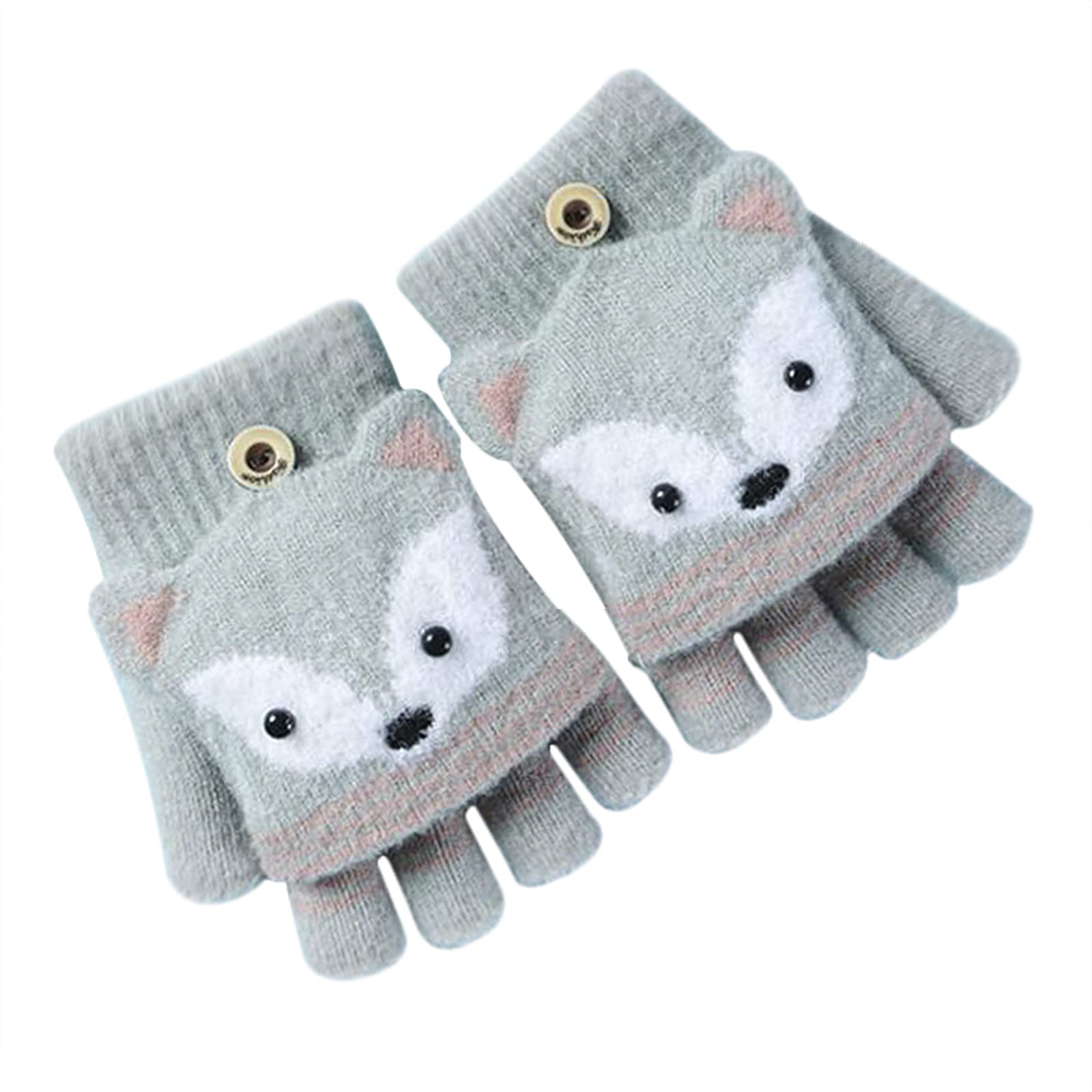 Kids Winter Knitted Convertible Fingerless Gloves Cute Warm Flip Top Mittens with Mitten Cover for 5-12 Ages Boys Girls