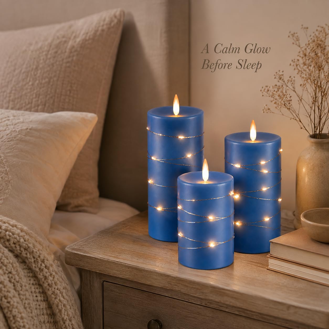 Upinmz Candele blu tremolanti senza fiamma con luci a stringa incorporate, candele a batteria con telecomando e timer, candele LED senza fiamma per decorazione domestica, in vera cera, set di 3