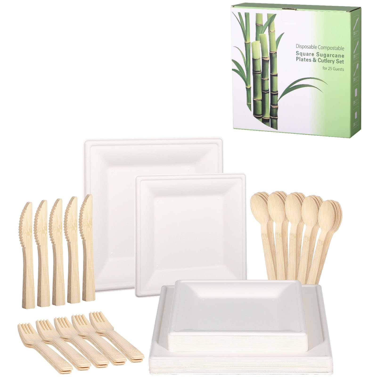 100 vierkante wegwerpborden van suikerriet 26 en 16 cm. 50 platen 26 cm