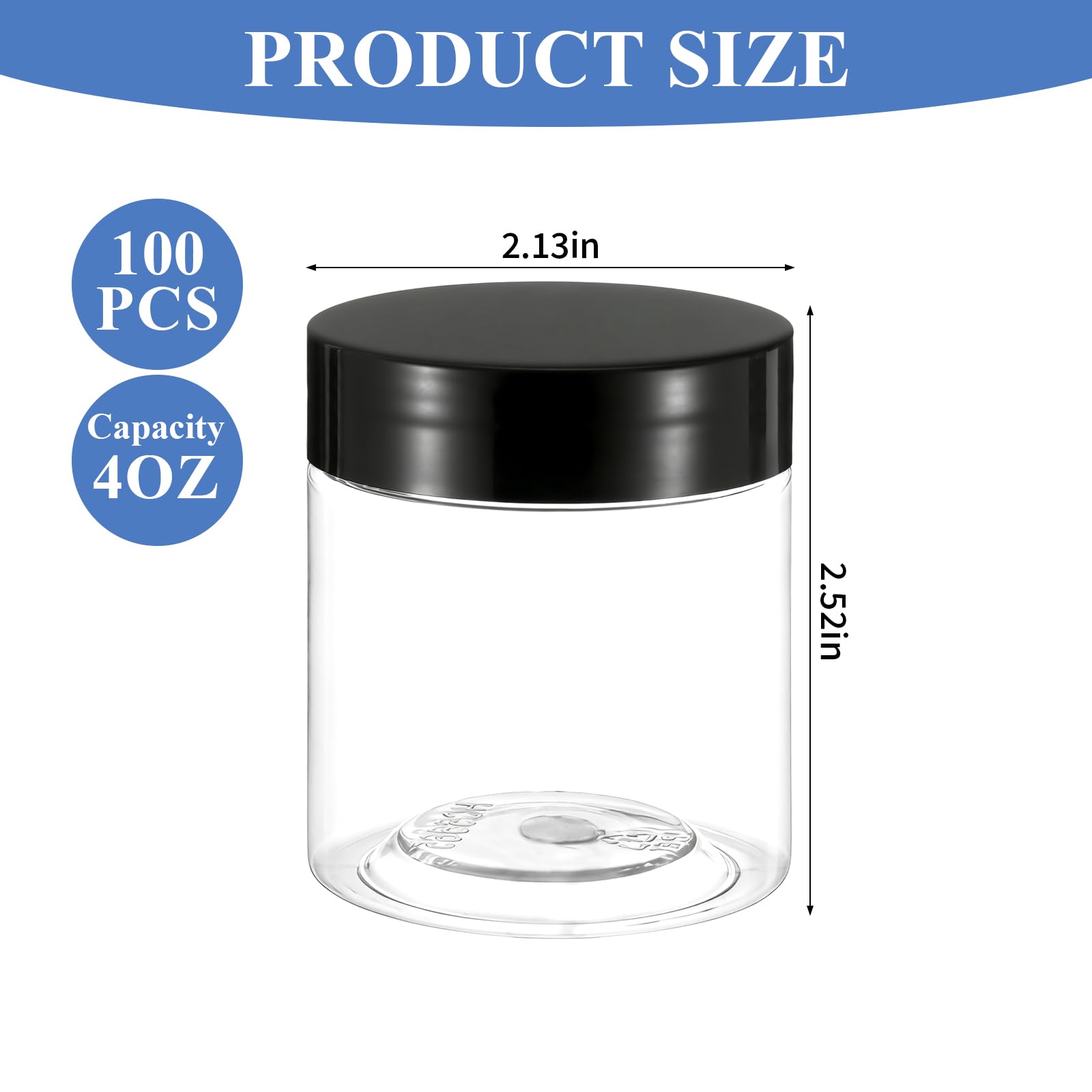 Paquete de 100 tarros de plástico redondos transparentes de 4 onzas con tapas negras, tarros pequeños de boca ancha a prueba de fugas para loción, crema, ungüentos, maquillaje, sombra de ojos