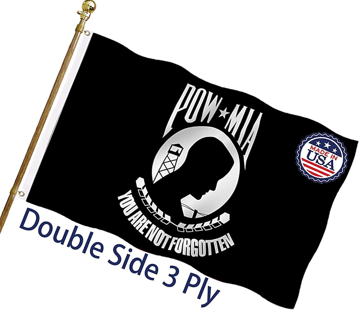 Pow Mia Flag 3x5 Ft Outdoor Heavy Duty Polyester Military Pow Flags Double Sided 3 Ply Banner 200D with Durable Canvas Header and 2 Brass Grommets Pow mia Banner- You are Not Forgotten War Flags
