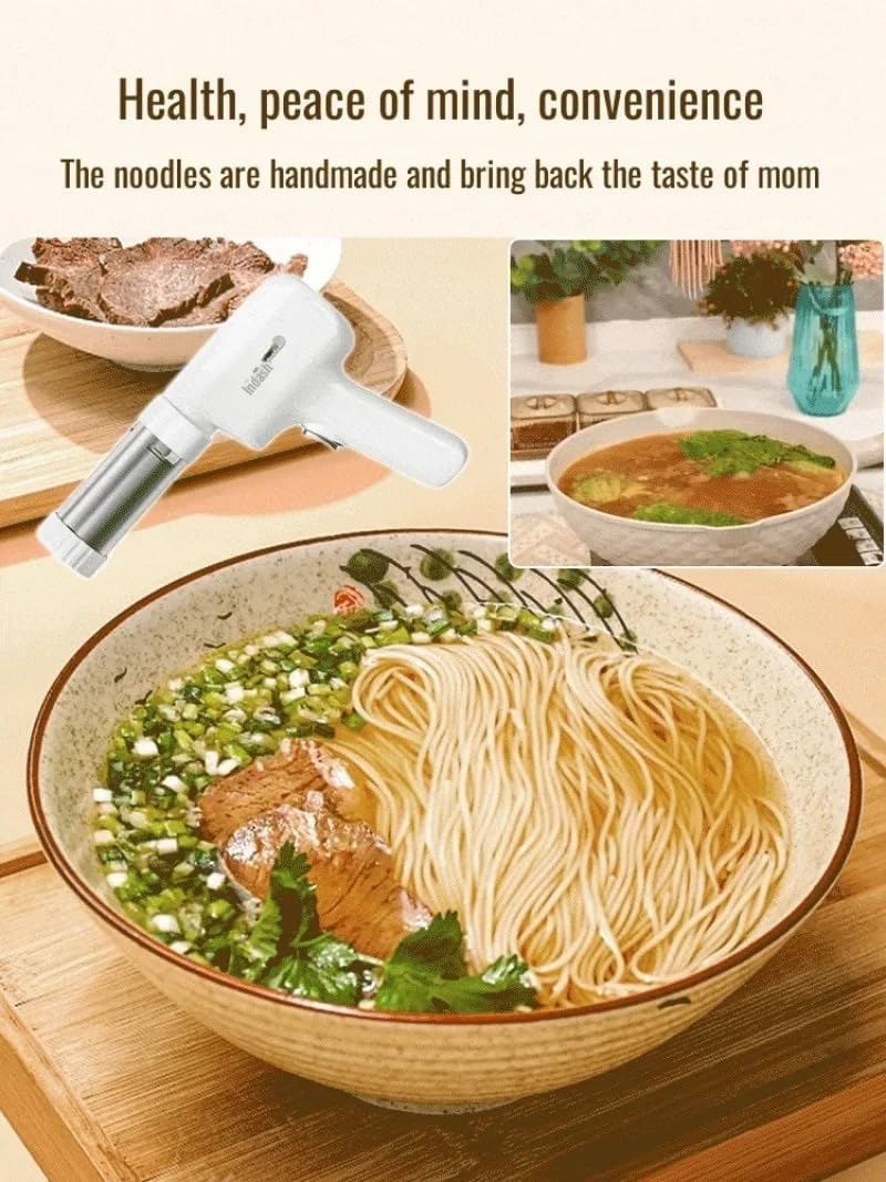 5-in-1 Cordless Electric Pasta Maker – Handheld Noodle Machine with Rechargeable Battery, Stainless Steel Tube, Bonus Cutter & Measuring Cup – Spaghetti, Fettuccine, Linguine, Angel Hair, Square Pasta