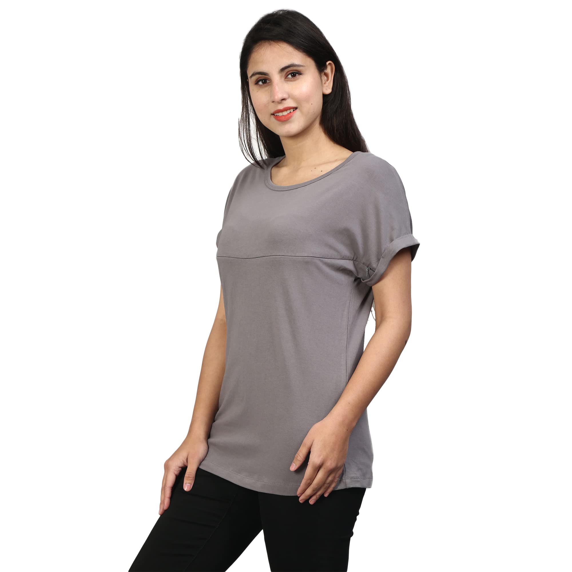 Sillyboom Premium Cotton Solid Women's Pregnancy Maternity Feeding T-Shirt, Nursing Top Tee Round Neck Half Sleeves T-Shirt for Pregnant Women (Steel Grey, XL) 2