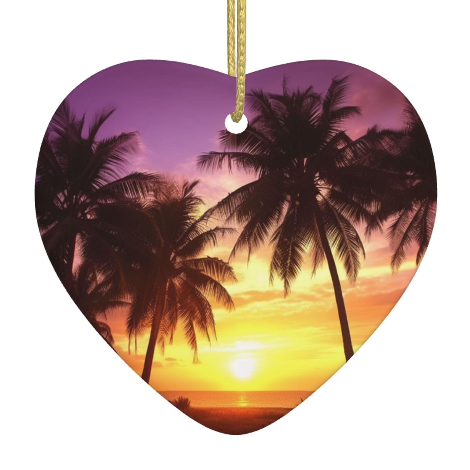 Palm Trees at Sunset Christmas Ornament 2025 Heart Ceramic Hanging Ornaments for Home Decor Christmas Decorations with Gold Rope Double-Sided Xmas Tree Ceramic Hanging for Holiday Party