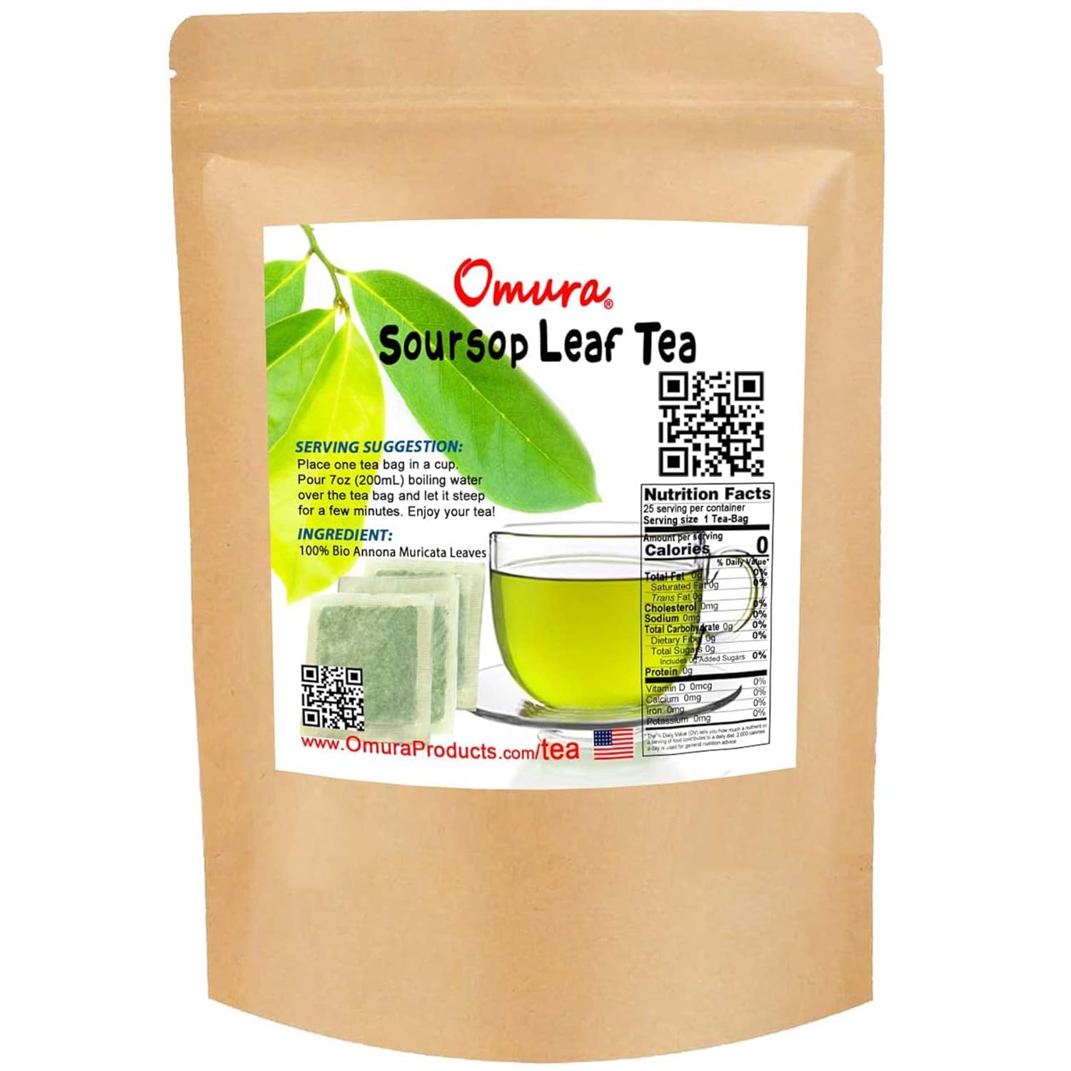 Omura 25 Soursop Graviola Leaf Tea Bags, 100% Natural and Pure from Soursop Leaves Hoja Guanabana Tea