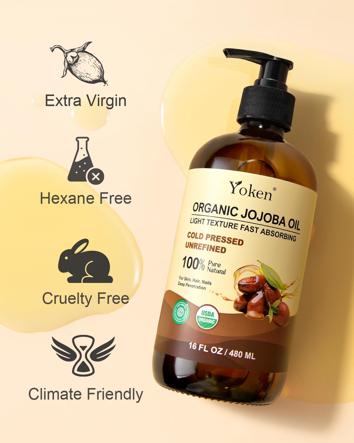 Organic Jojoba Oil Glass Bottle 16 fl oz, USDA Certified 100 Pure & Natural Jojoba Oil for Hair, Skin & Face, Cold Pressed Unrefined Hexane Free, Deeply Moisturizing Body Serum for Gua Sha - Image 6
