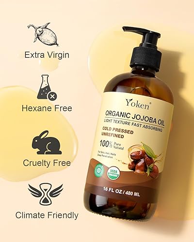 Miniatura 6 de Botella de vidrio de aceite de jojoba orgánico de 16 onzas líquidas, certificado por USDA, aceite de jojoba 100 puro y natural para cabello, piel y