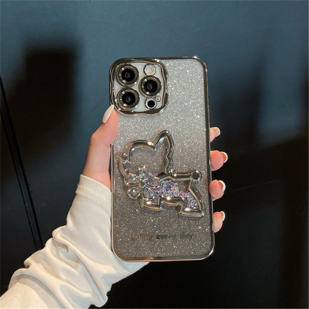 Coque de chien sable mouvant iPhone 14 Pro Max couverture paillettes argent - 5