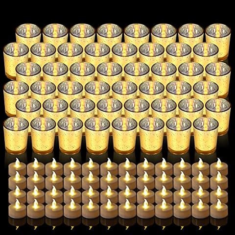 Candle Holder, 48 Pack Glass Tealight Candle Holders with 48 Pack Yellow Battery Tea Lights Candles for Party Cover