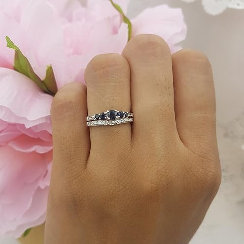 Vista 5 de Dazzlingrock Collection Anillo de compromiso nupcial de 5 piedras con zafiro azul y diamante blanco de 14 quilates, oro blanco