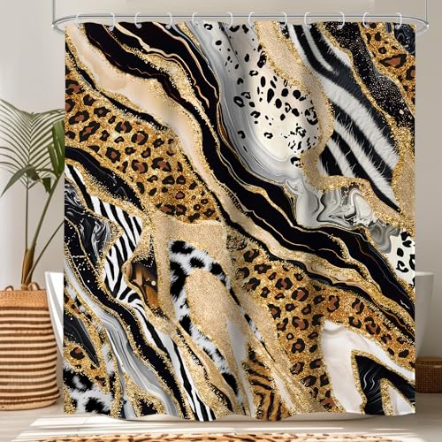LIGHTINHOME Zebra Leopard Print Marble Shower Curtain 60Wx72H Inches Abstract Animal Print Fluid Modern Luxury Texture Minimalist Cloth Fabric Waterproof Polyester Bathroom Home Decor Set with Hooks