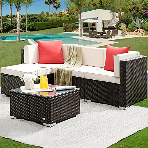 HONBAY Outdoor Patio Sectional Sofa Outdoor Sectional Set, Rattan Patio Furniture Set with Coffee Table, Light Beige