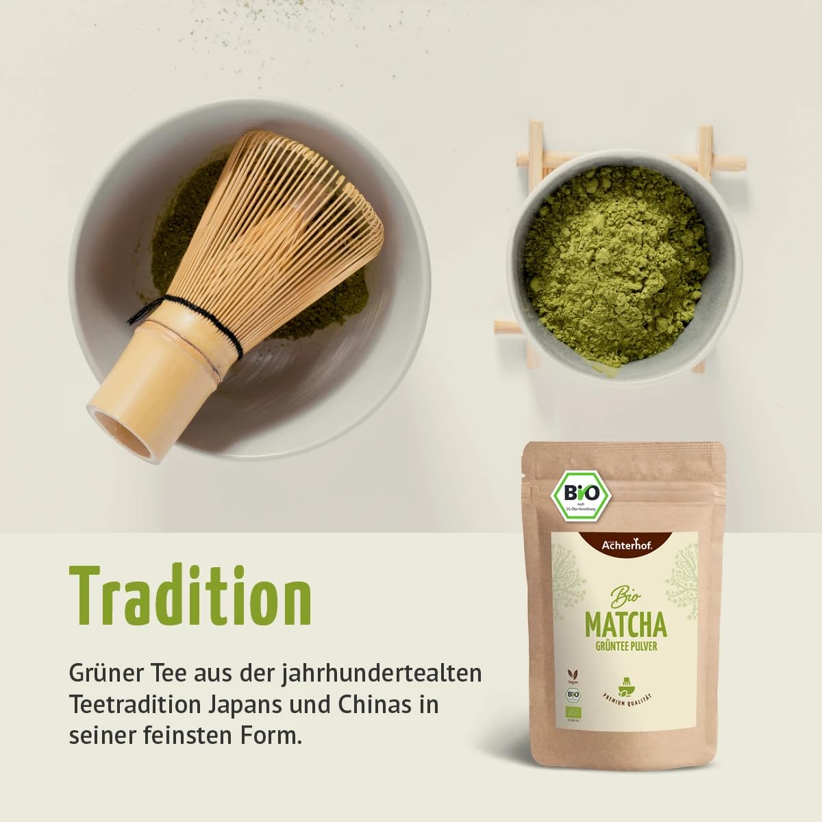 Bio Matcha Grüntee Pulver 250g für Latte oder Tee | Naturrein und Vegan | vom Achterhof