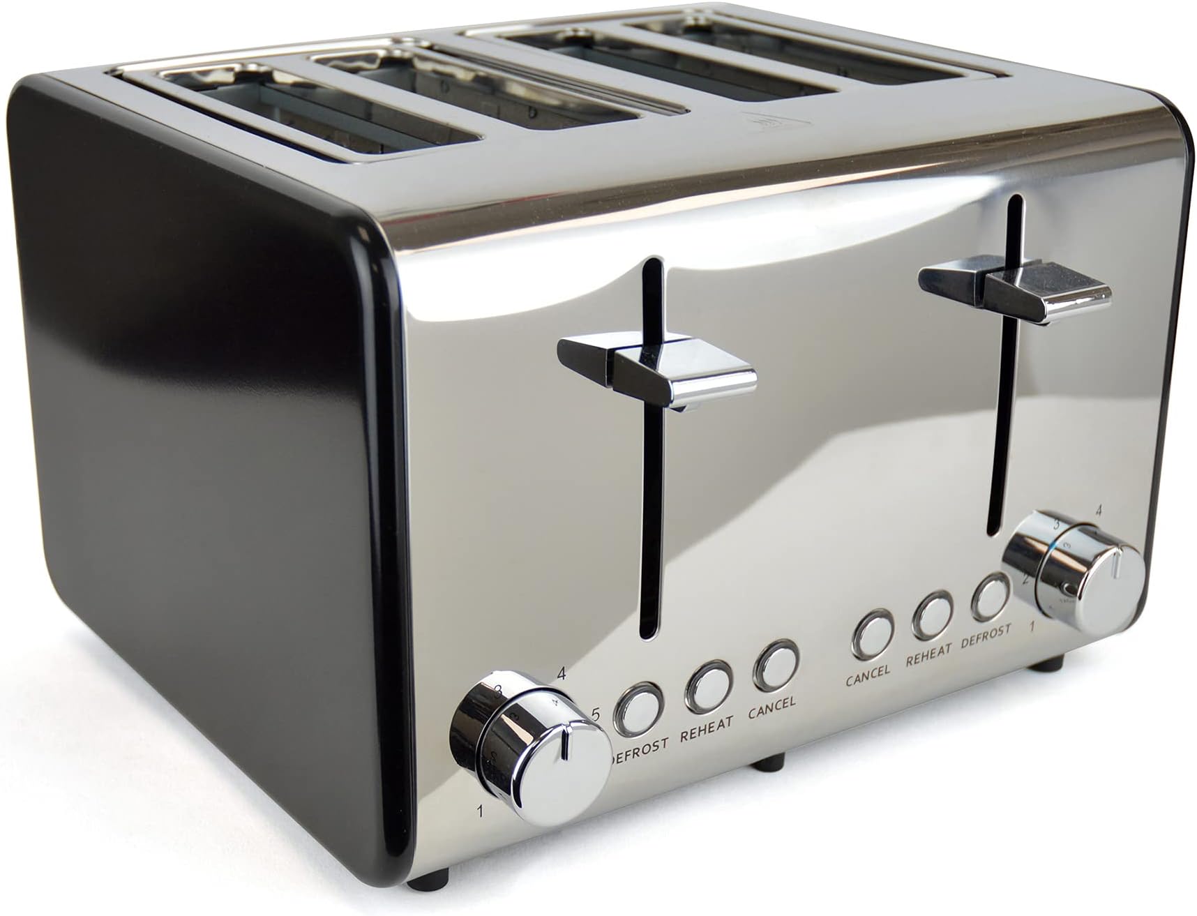 Kitchen Perfected 4 Slice Wide Slot Toaster, 6 Browning Settings, Defrost/Reheat/Cancel, High Lift, Centralisation Even Toasting - Black Stainless Steel - E2125BK