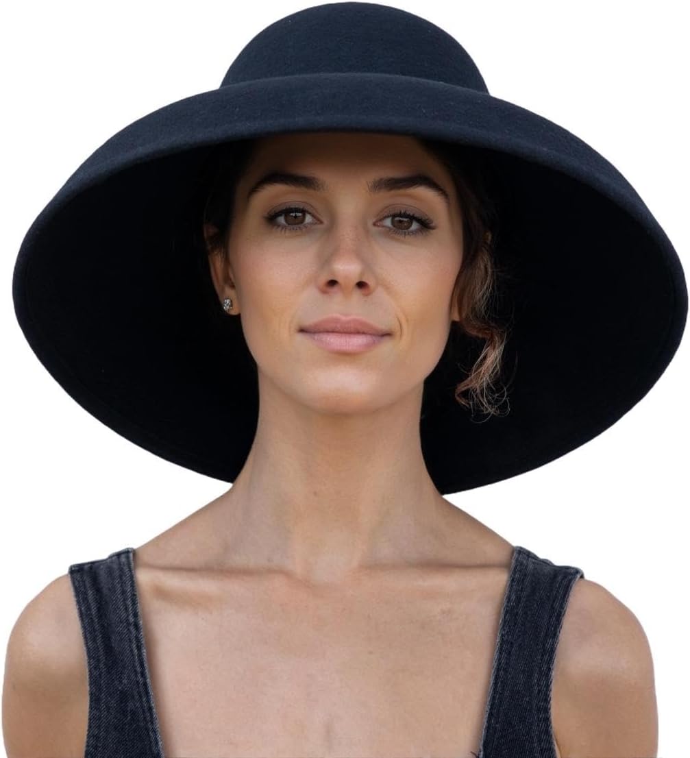 Women's Adjustable Black Wide Brim Wool Hat