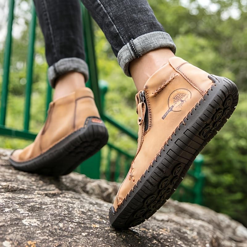 Men's Ankle Boots with Zipper - Vintage Style, Stitched Design, Rubber Sole, Round Toe, All-Season Casual Shoes4