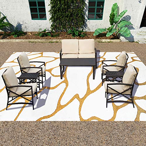 Patiofestival Outdoor Conversation Set Patio Furniture Set Modern Metal Sofa Sectional Sets W/Loveseat,Cushioned Chair,Coffee Table,Side Table,Patio Seating Metal Bistro Furniture Sofa (8 Pcs, Khaki) #TOP6