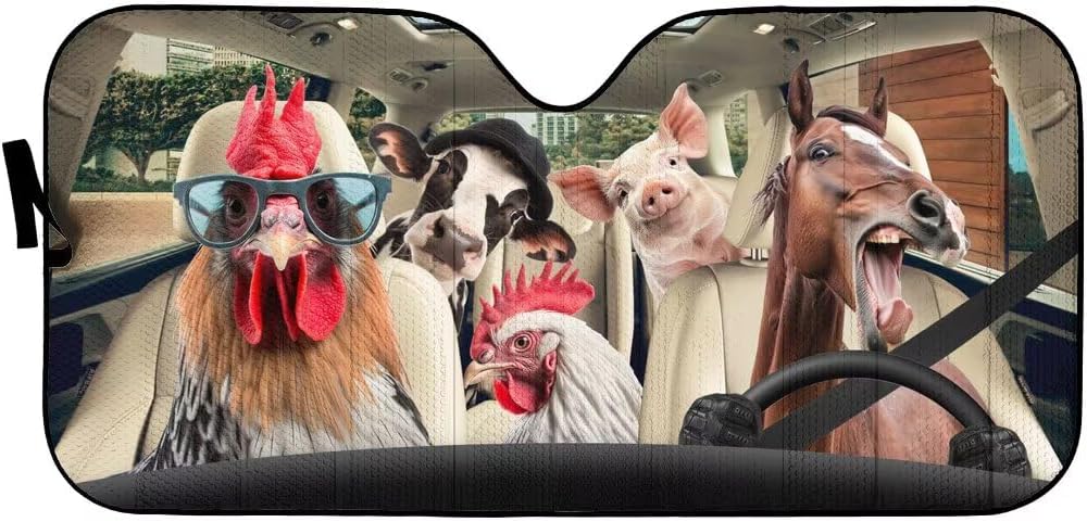 Funny Farm Animal Auto Windshield Sun Shade Front Window Sunshade, Horse Driver Car Foldable Sun Visor Protector, Chicken Pig Cow Sunshade for Car Truck SUV to Keep Your Vehicle Cool