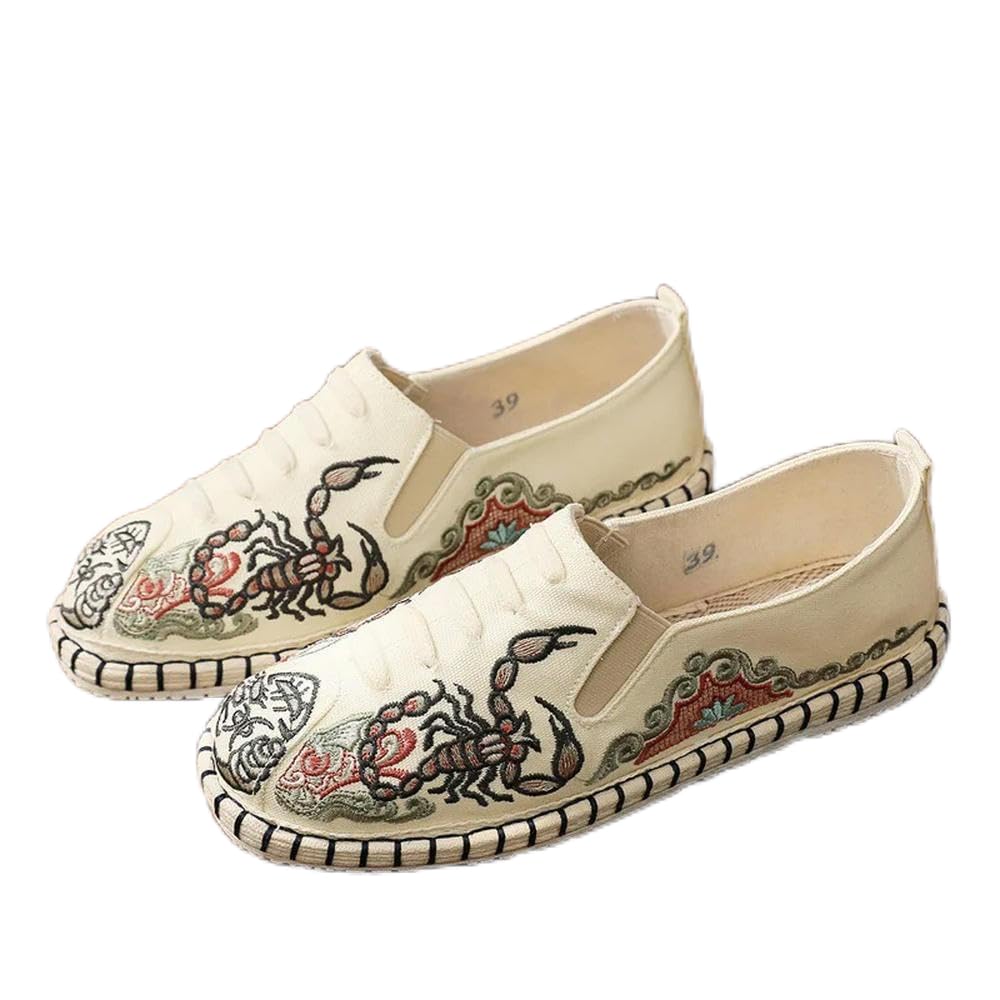ZBDP - Espadrillas da uomo in tela, fatte a mano, stile giapponese, comode, scarpe da guida ricamate, Modello 1 Bianco, 41 1/3 EU
