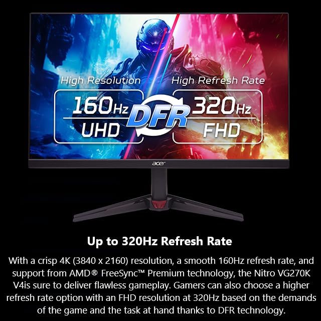Acer Nitro 27” 4K UHD 3840 x 2160 Gaming IPS Monitor | AMD FreeSync Premium | Up to 160Hz Refresh Rate with DFR to FHD 320Hz| Up to 0.5ms | 1 x Display Port 1.4 & 2 x HDMI 2.1 Ports | VG270K V4bmiipx 27-inch UHD image 3 of 14 B0F765XFX8