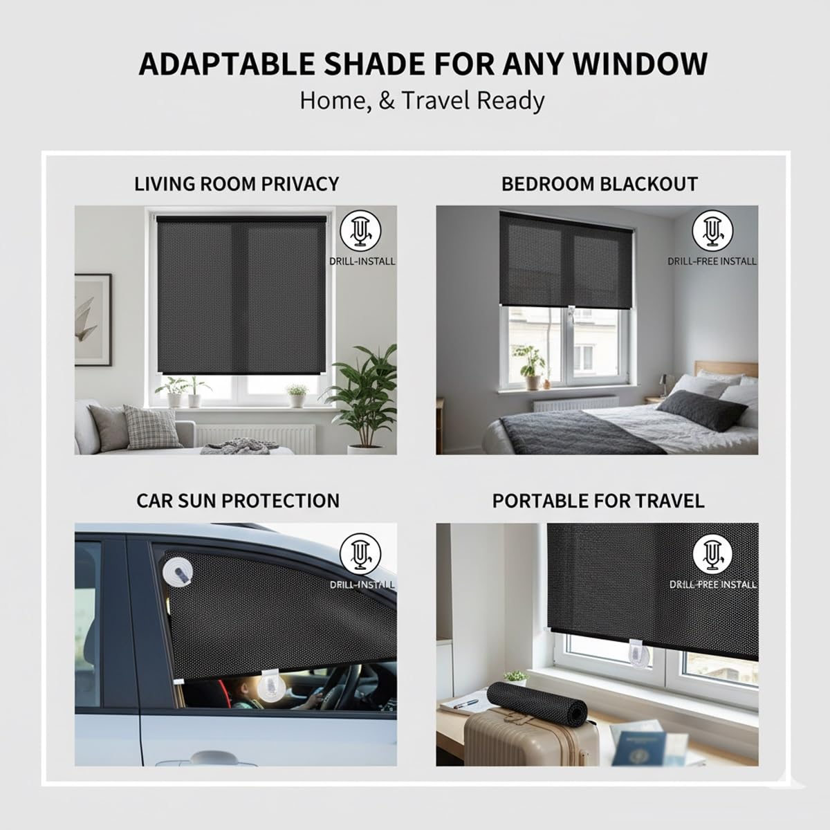 Soleil Ventouse, Store Enrouleur Occultant pour Fenêtre Rétractable, Store À Rouleau Portable, sans Perçage Rideau Protection Solaire pour Salon, Bureau, Voiture(Noir,W:80xH:135 cm (31x53 in),)