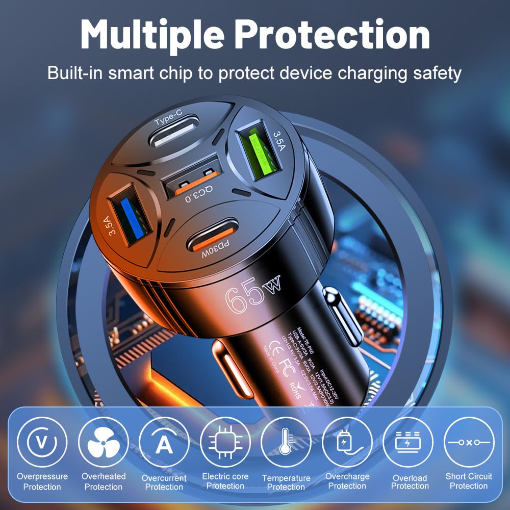Cargador USB C de coche de 65 W 5 en 1 multipuerto PD30W y QC3.0 de carga ultra rápida, cargador USB para iPhone/Android/Samsung/iPad Pro y más (negro)