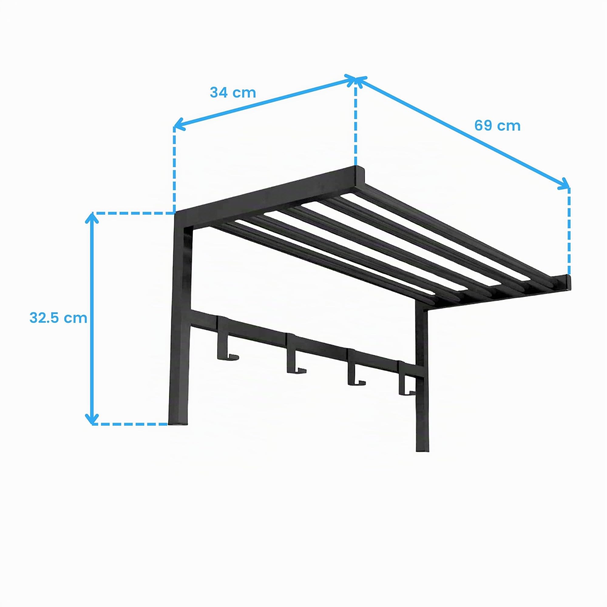 Miroytengo Perchero de Pared 4 ganchos y Estante en Metal Color Negro 69x33x34 cm