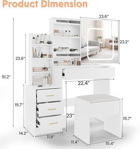 Miniatura 6 de GarveeLife Vanity Desk with Sliding Mirror & LED Lights, Makeup Dressing Table with 4 Drawers, Storage Shelves, Power Outlet & Stool, 3-Color