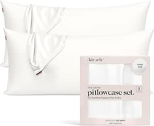 Kitsch Satin Pillowcase with Zipper for Hair &amp; Skin, Softer Than Silk Pillow Cases Queen, Wrinkle-Free, Smooth and Cooling Satin Pillow Covers, King Size 19&#34;x36&#34; - Ivory, 2pcs