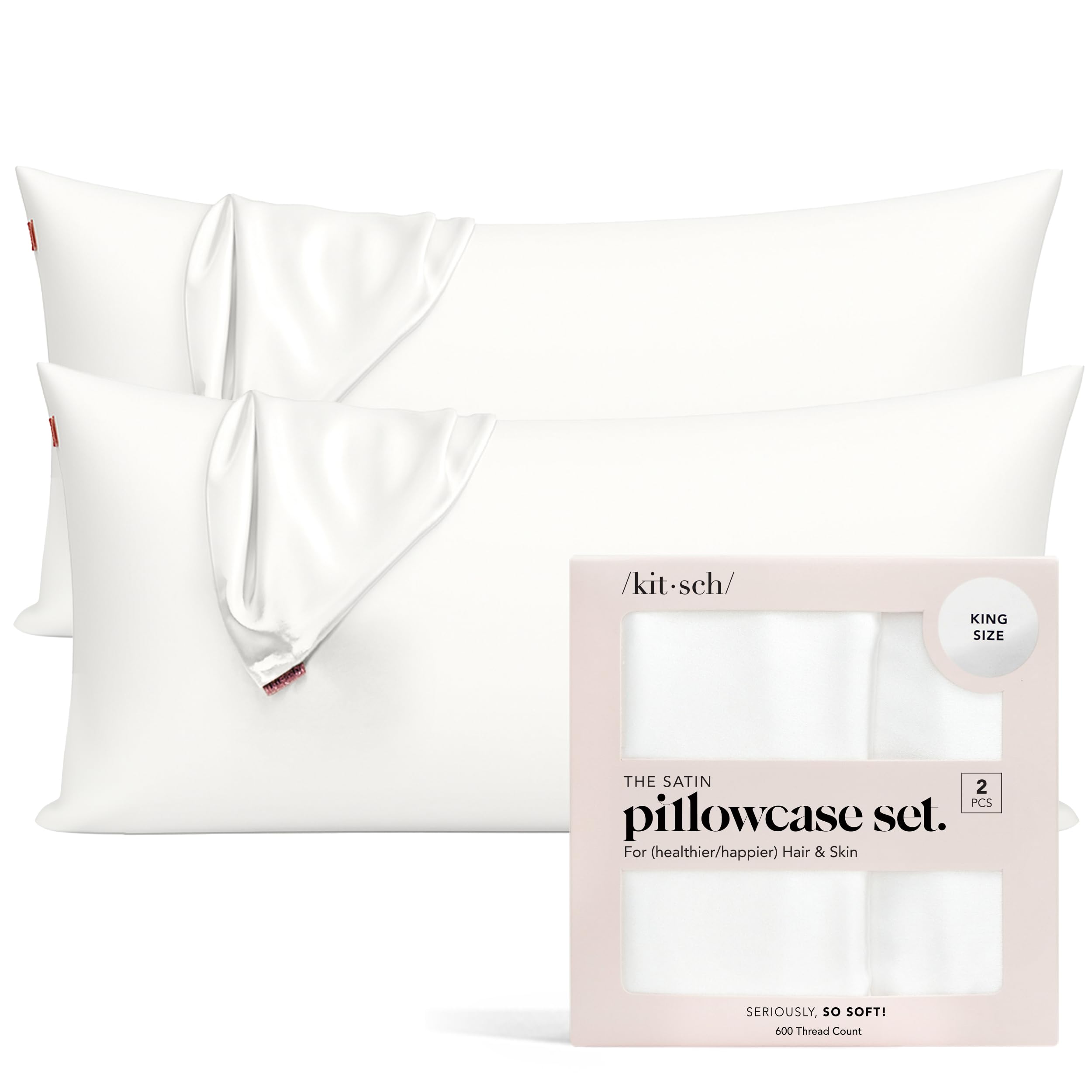Kitsch Satin Pillowcase with Zipper for Hair & Skin, Softer Than Silk Pillow Cases Queen, Wrinkle-Free, Smooth and Cooling Satin Pillow Covers, King Size 19"x36" - Ivory, 2pcs