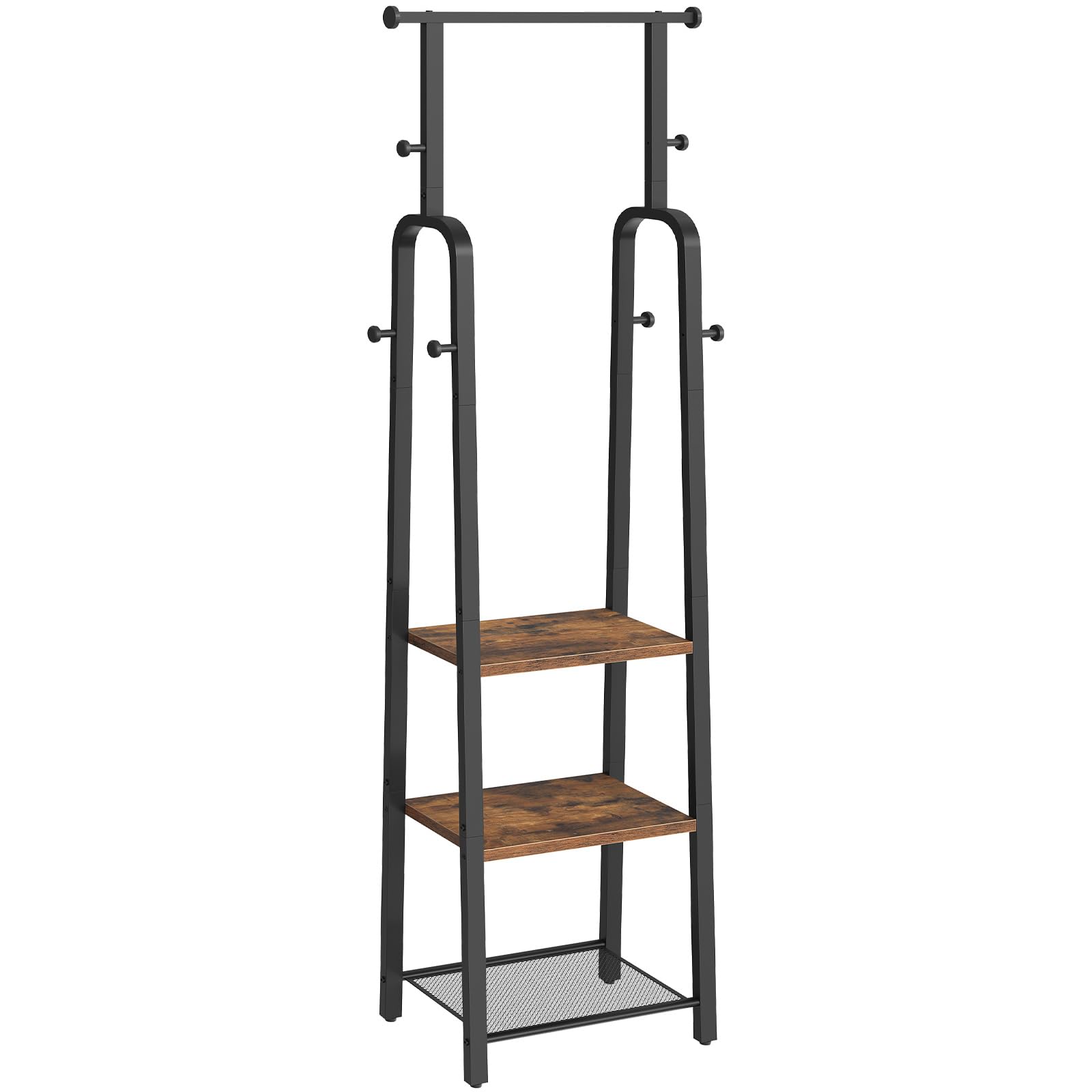 MAHANCRIS Garderobenständer mit Kleiderstange, freistehender Kleiderständer mit 3 Ablagen und 8 Haken, für Mäntel, Taschen, für Eingangsbereich und Schlafzimmer, Schwarz und Vintagebraun ACRHR14901