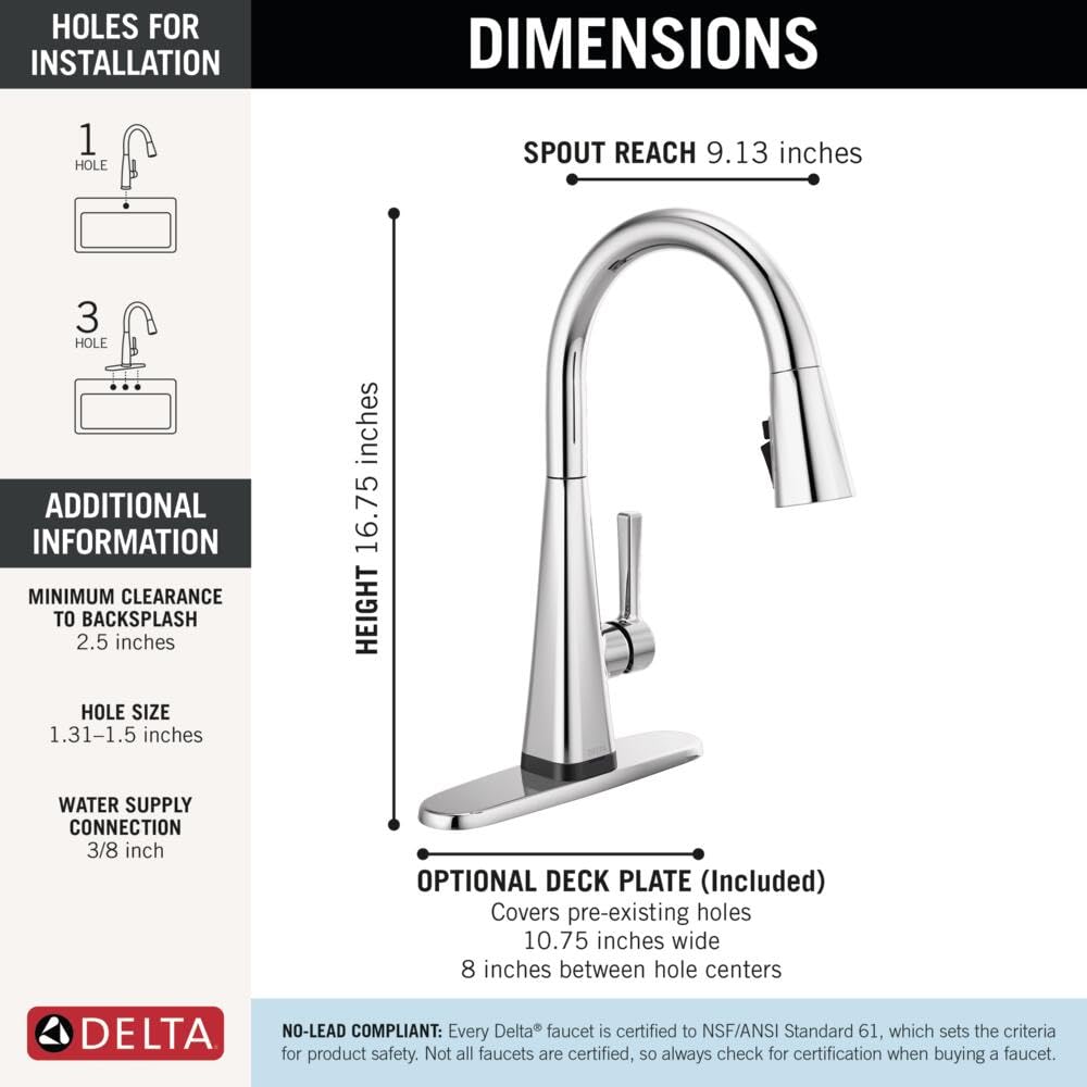 Delta Faucet Lenta - Grifo para fregadero de cocina con pulverizador extraíble y tecnología Touch2O y ShieldSpray, cabezal de pulverización de acoplamiento magnético, cromado 19802TZ-DST