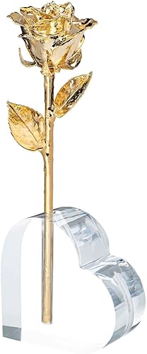 Forever Rose Combo de dos rosas, rosas reales bañadas en oro de 24 quilates en jarrón acrílico, grabado en forma de corazón "I Love You", regalo de