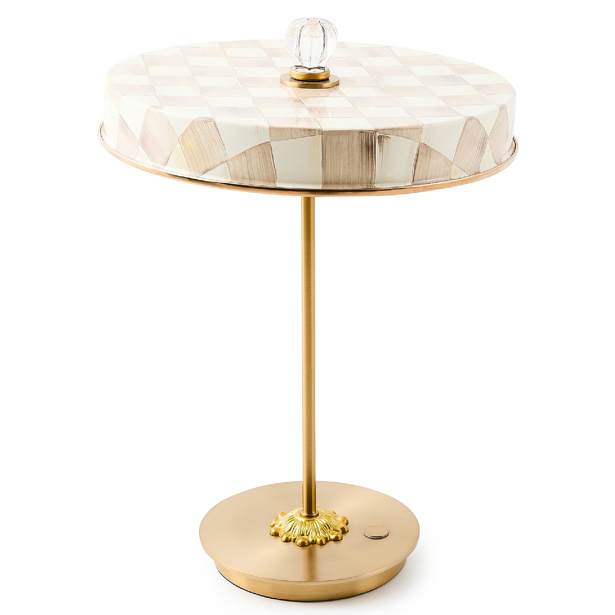 MACKENZIE-CHILDS LED Rechargeable Disk Table Lamp, Cordless Touch Lamp, Brown-and-White Mocha Check