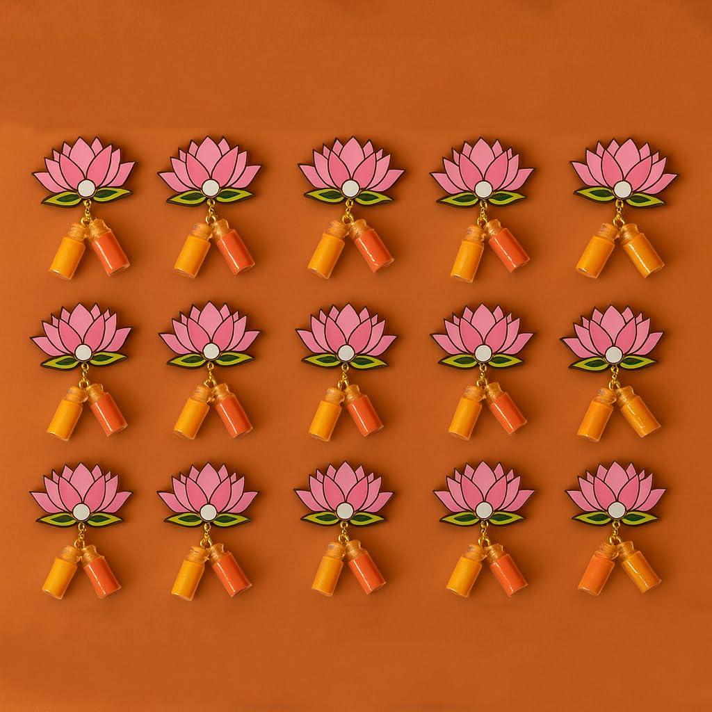 CraftVatika Haldi Kumkum Return Gifts in Bulk Festive Decor, Haldi KumKum Bottle Lotus Cutout, Thamboolam Return Gifts for Wedding, Pooja, Rakhi, Navratri Diwali Gift for Family and Friends (15 Pcs)-image-45