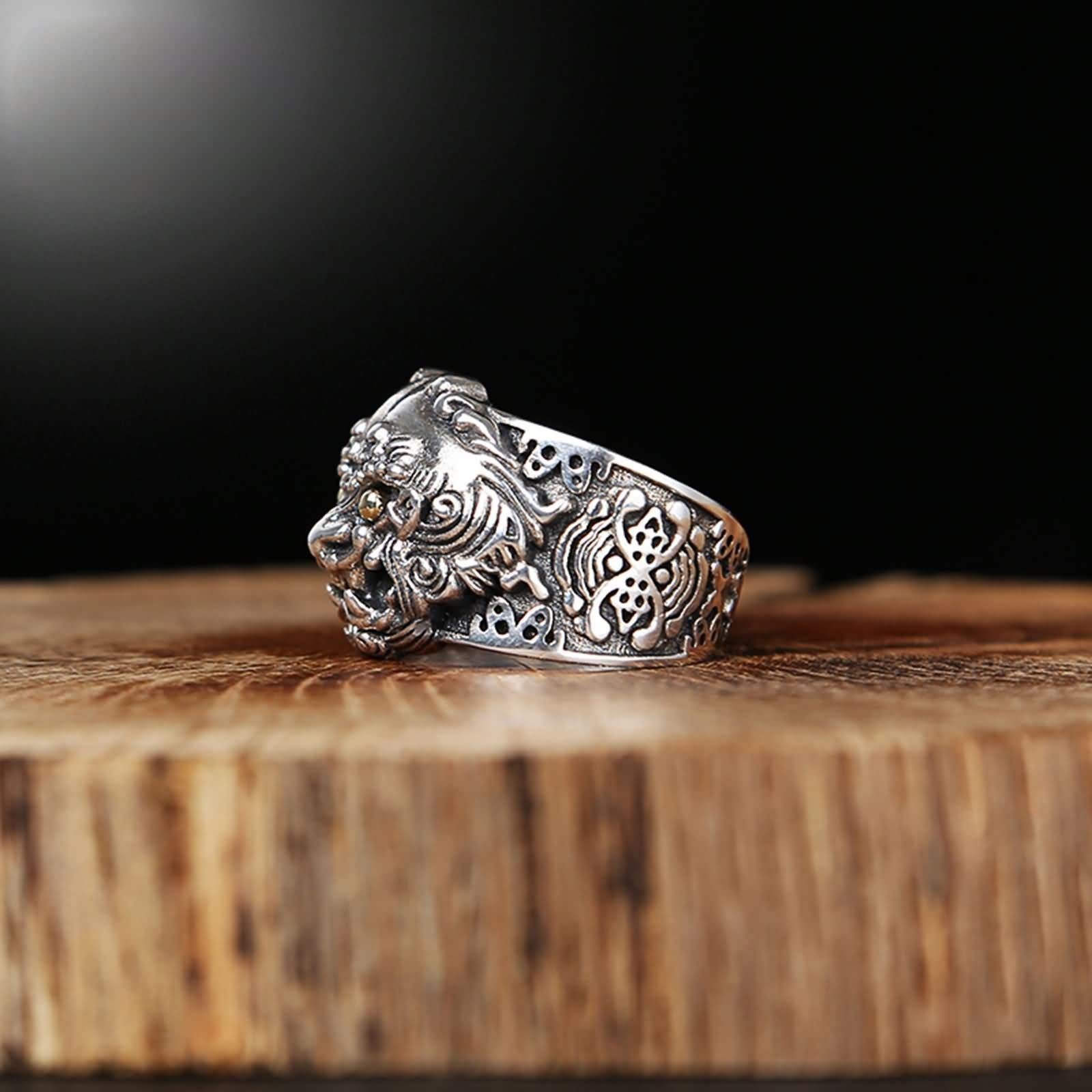 Anillo de Plata de Ley Hombre Ajustable,Anillo Hombre Gotico Anillo Punk Hombre Plata Negro Retro Animal Talla 17