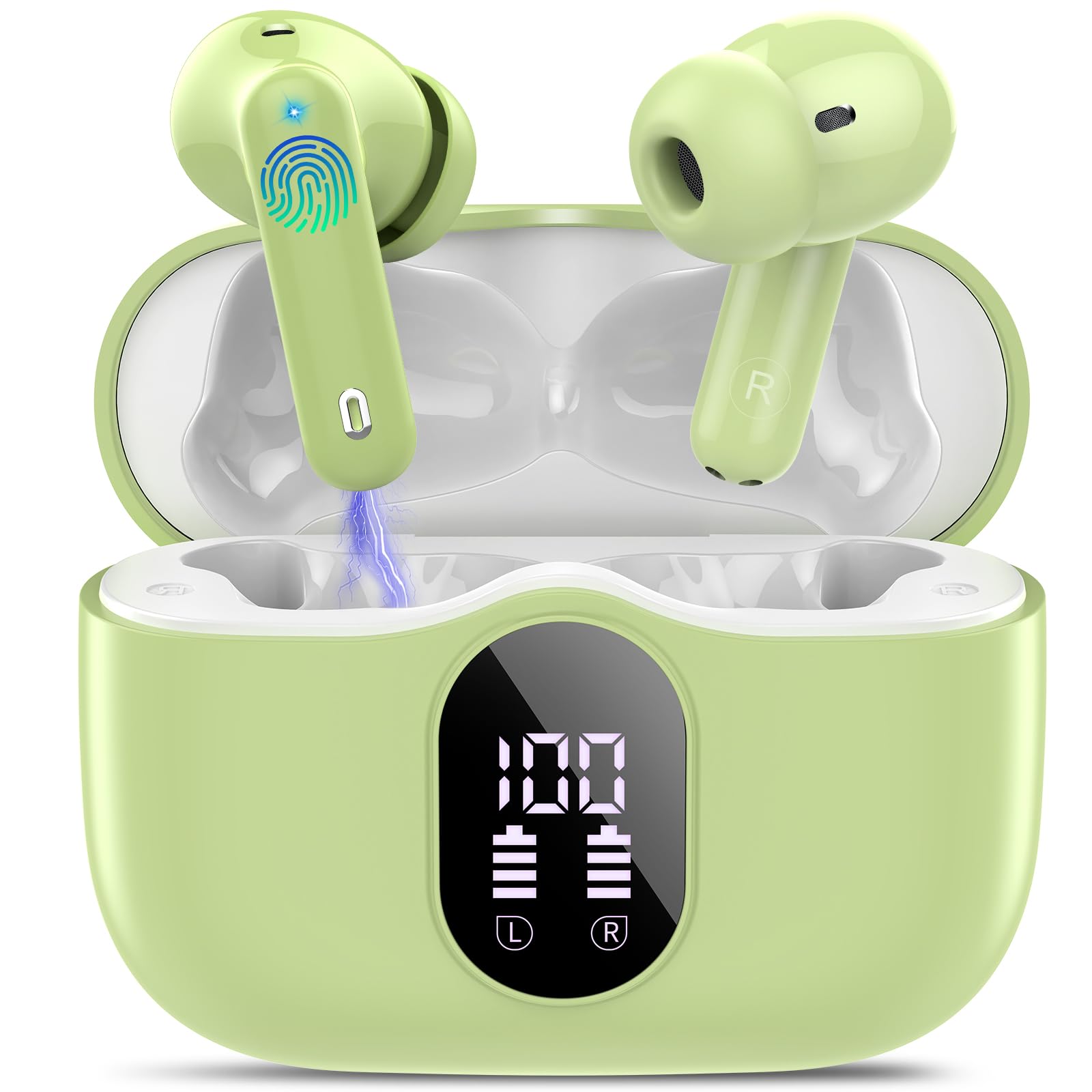 Wireless Earbuds, Bluetooth 5.4 Headphones Bass Stereo, Ear Buds with Noise Cancelling Mic, IP7 Waterproof in Ear Earphones, 36H LED Display Bluetooth Earbuds for Laptop Pad Phones Sports, Grass Green