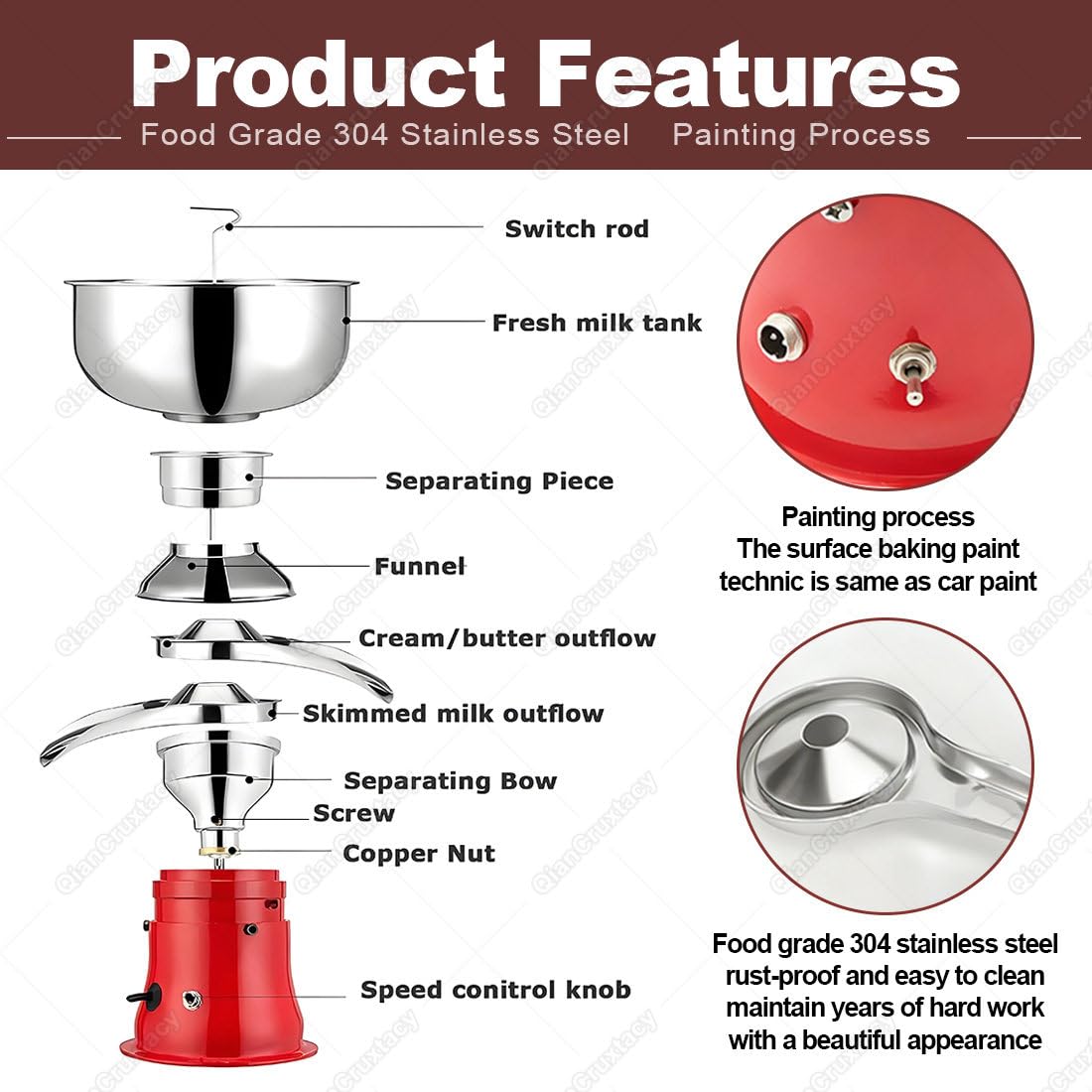 Separador eléctrico de crema de leche, espumador centrífugo de acero inoxidable 10500 RPM, 50 l/h para uso en granja y hogar, grosor de crema ajustable, fácil de limpiar