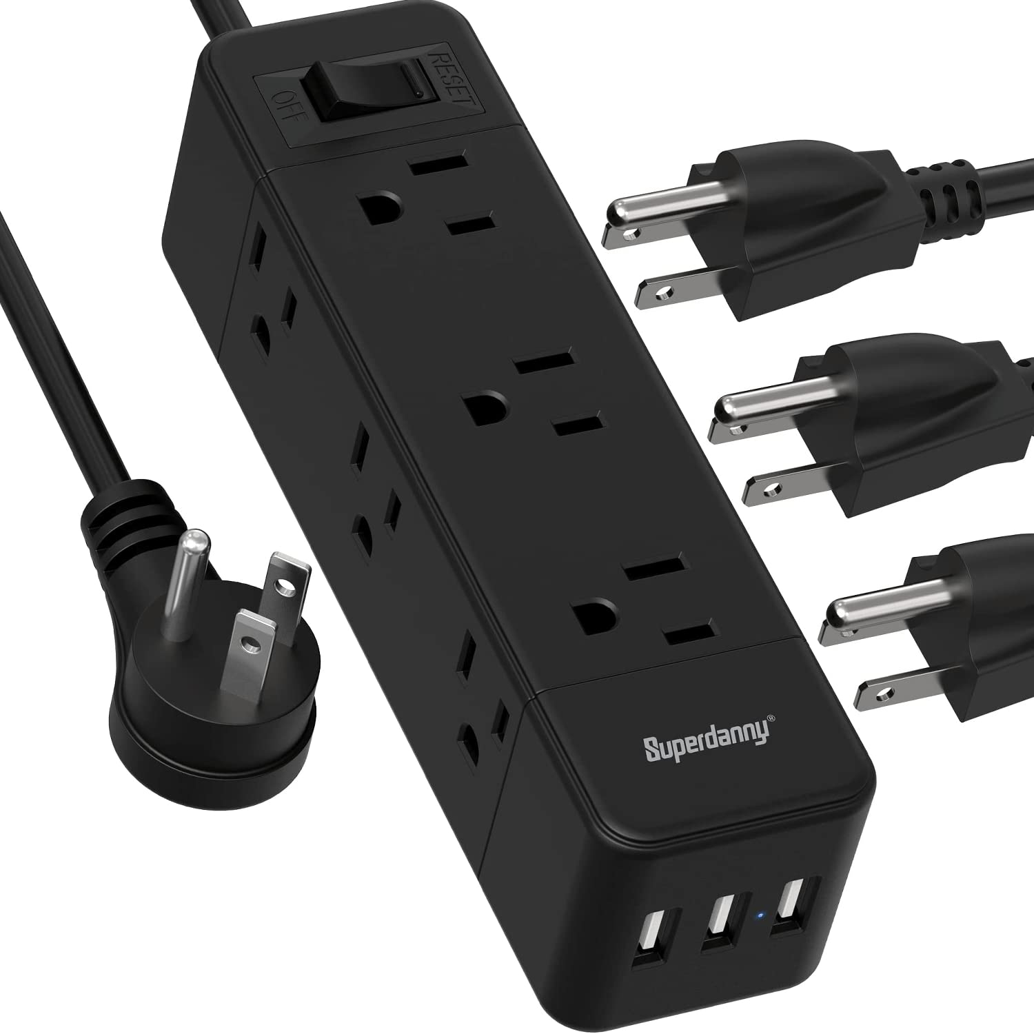 Power Strip Surge Protector, 9 Widely Spaced Outlets with 3 USB Ports, 3 Side Outlet Extender with 6.5 Ft Extension Cord, 1050 Joules, Flat Plug, Wall Mount Charging Station for Home Office Dorm Black