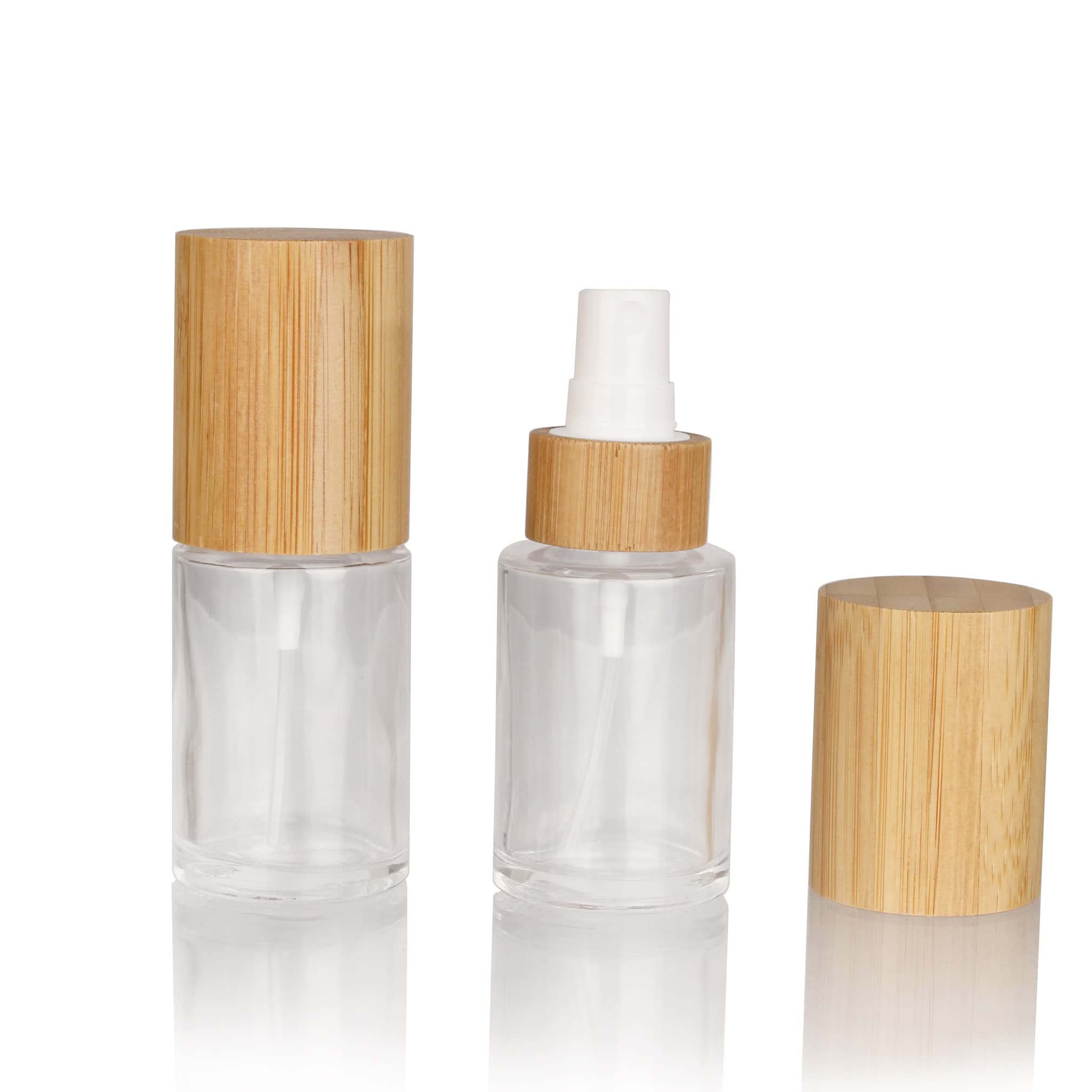 COSIDEA - 6 flaconcini spray in vetro trasparente da 30 ml / 1 oz con coperchio in bambù e testina nebulizzatrice fine per profumi liquidi, cosmetici e flaconi di tonico