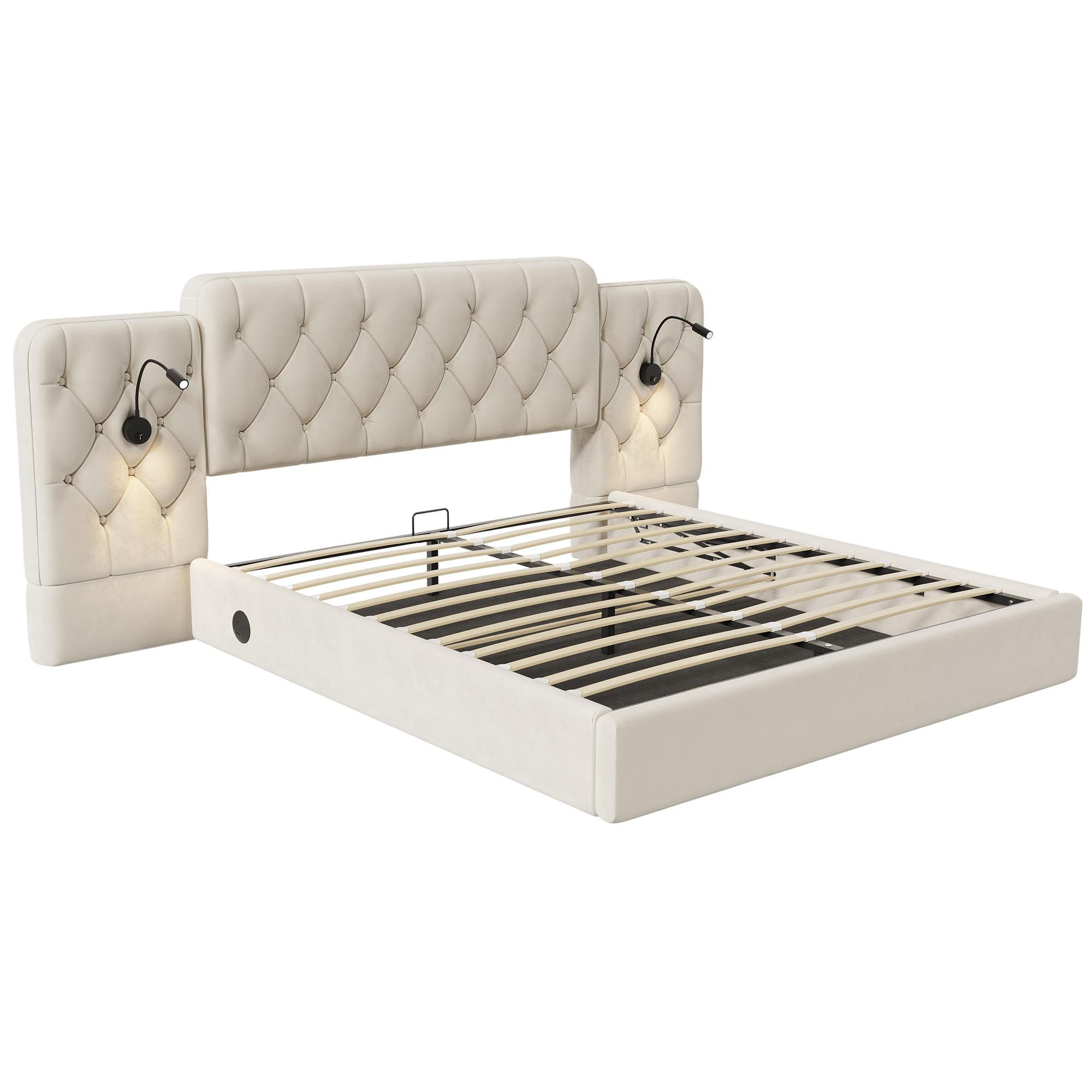 Estructura de cama con cabecero largo, 160 x 200 cm, material de terciopelo moderno, varios puertos USB, lámpara de escritorio, sistema hidráulico, espacio de almacenamiento extra grande, color