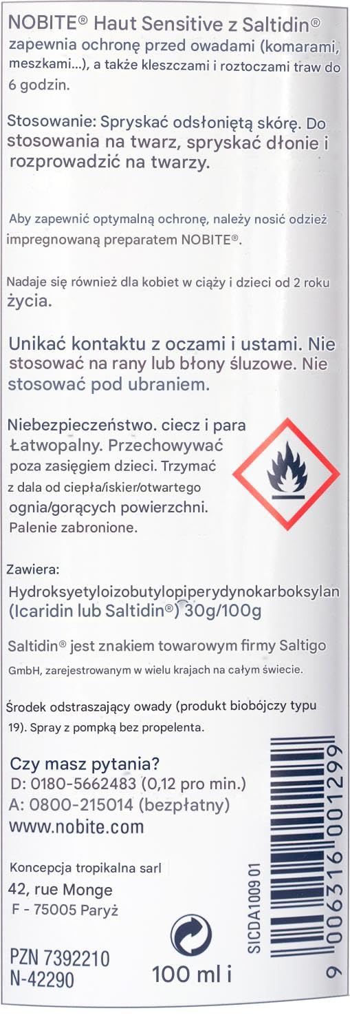 NOBITE Skóra wrażliwa – spray przeciw komarom i kleszczom 100 ml (3 szt.) | Ochrona tropikalna dla dzieci i dorosłych | Delikatny dla skóry