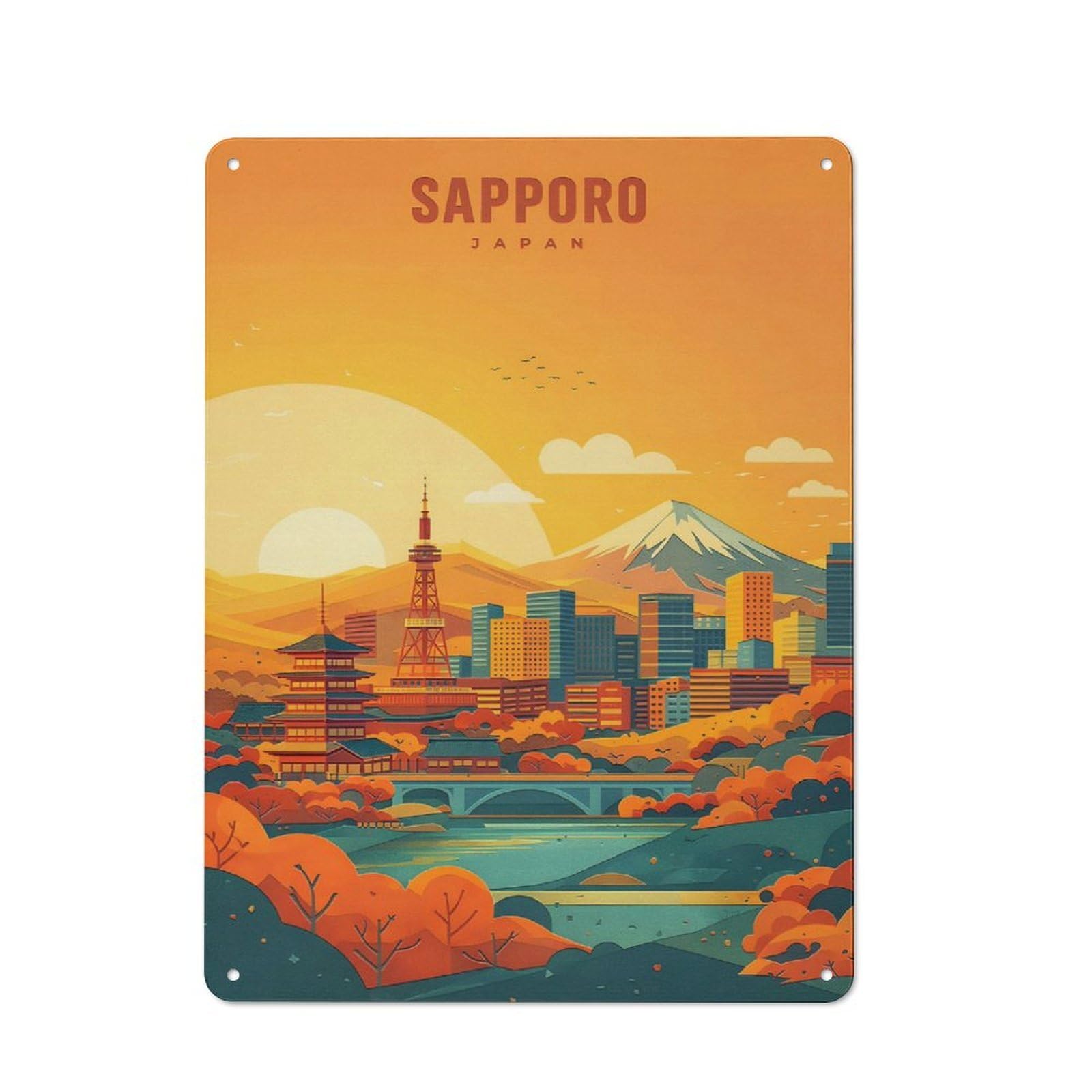 Junmoney Style-3 For Lounge Or Reading Corner, Sapporo Cityscape At Sunset Retro Tin Sign 40X30cm, Gift For Reading Corner Decorators During The Christmas Season